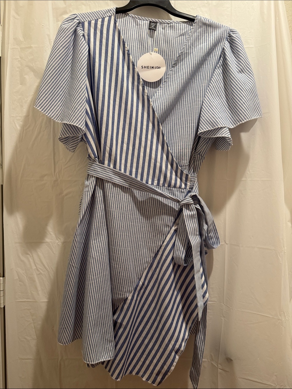 SHEIN Blue and White Striped Asymmetrical Wrap Dress with Flutter Sleeves